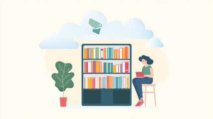 Online library, cloud storage with books, isometric vector illustration