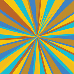 Pop art radial colorful comics book magazine cover. Striped color digital background. Cartoon funny retro pattern strip mock up. Vector halftone illustration. Sunburst, starburst shape.