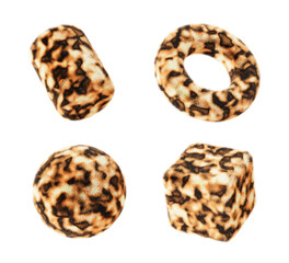 Fluffy geometric 3d shapes with leopard skin texture with spots. Fuzzy ball, cube, cylinder, torus with cheetah fur render icon set. Furry figures with wild african cat textile print. 3D illustration