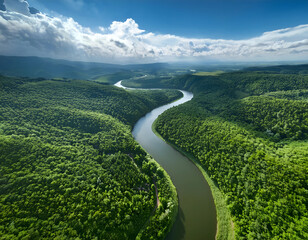 Aerial view of a winding river cutting through dense greenery.