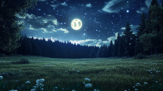Cartoon night landscape with meadow and forest at midnight under fool moon light. Vector illustration of dark natural scenery with trees and pines, grass on field and starry sky with clouds.