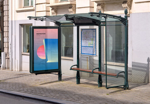 Mockup Of Vertical Customizable Sign On Bus Stop