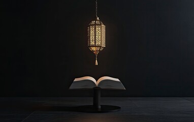 Obraz premium 3D rendering of the Holy Quran and lantern on a podium platform with a black background for a Ramadan concept. 