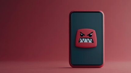 A red phone case features an aggressive, cartoonish face with sharp teeth, set against a contrasting background.