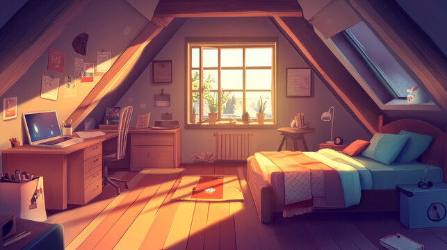 Attic bedroom interior furniture and equipment. Cartoon vector illustration set of items for sleep, study and work in mansarda room - tilted window, bed with pillow and blanket, desk with laptop.