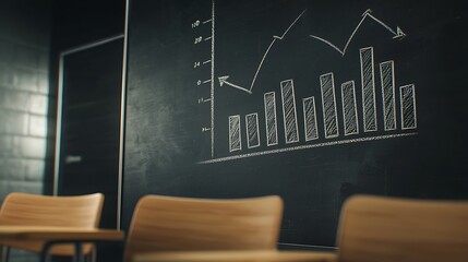 A chalkboard with a graph on it is in a classroom with wooden chairs
