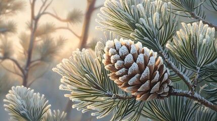Fototapeta premium Frosty Pine Cone and Needles in Winter Sunlight