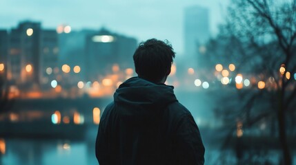 Fototapeta premium Silhouette of a man standing on a bridge looking at city lights