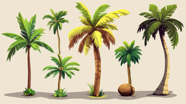 Collection of cartoon palm tree designs for video games. Different styles with bright green leaves, brown segmented trunks and coconut. Various shapes of tropical elements for tropical landscapes.
