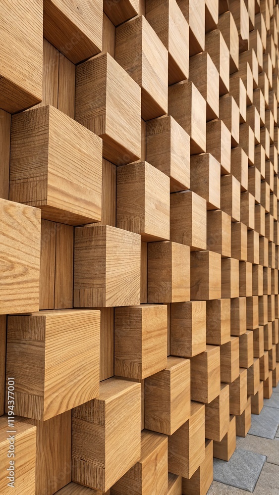 Poster a wall made of wooden blocks, with each block being a different size