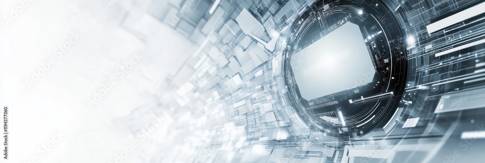 Poster a futuristic, abstract design featuring a central orb surrounded by glowing lines and geometric patt