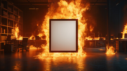 Fototapeta premium A surreal office scene where a blank white poster displayed at the center. Flickering flames rise from the floor around the poster. The edges of the office furniture are beginning to catch fire