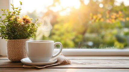 Cozy Morning Coffee by the Window with Natural Light and Greenery