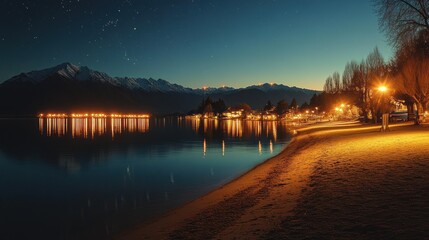 Night lake, snow mountains, stars, calm, beach, lights, travel