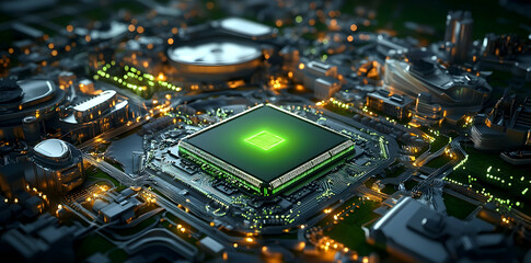 Fototapeta premium High-tech glowing chip surrounded by futuristic circuitry and cityscape