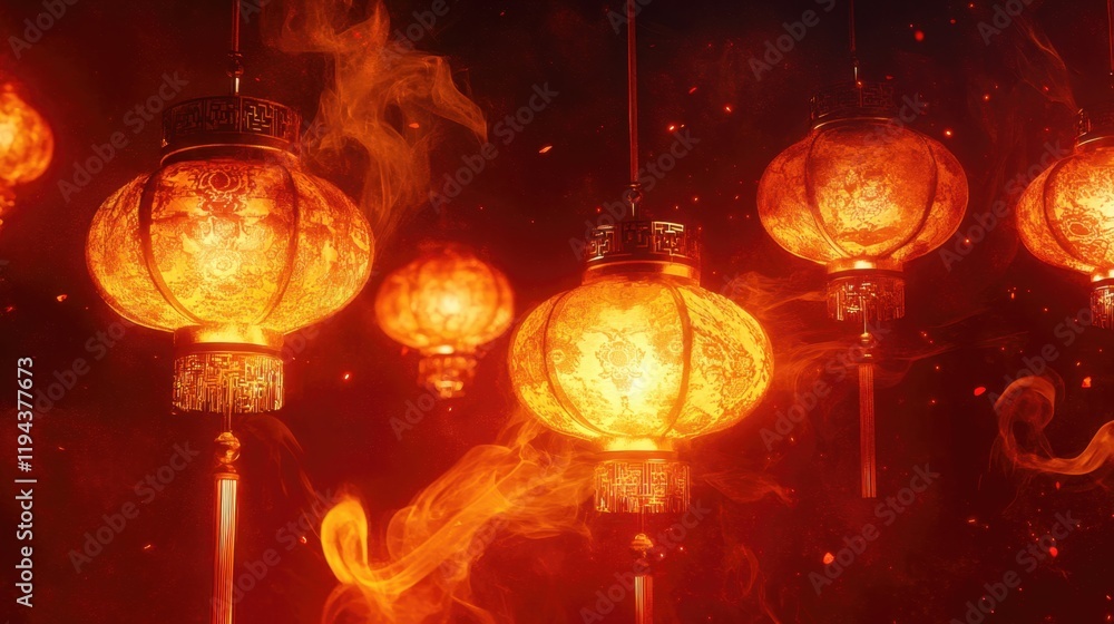 Poster a vibrant display of glowing lanterns, casting warm light and creating a mystical atmosphere, surrou