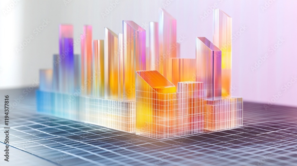 Poster a d chart with multiple layers of transparent bars rising from a grid, illustrating complex data tre