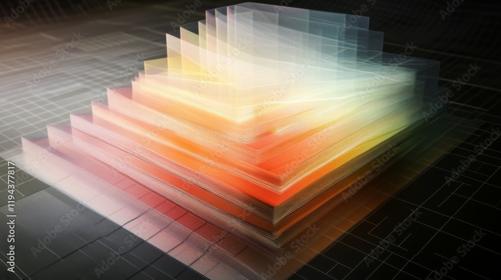 Poster a d chart with multiple layers of transparent bars rising from a grid, illustrating complex data tre