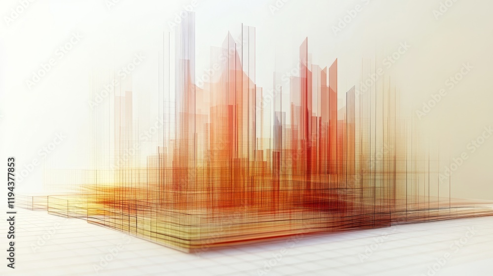 Poster A D chart with multiple layers of transparent bars rising from a grid, illustrating complex data trends in a visually striking manner.
