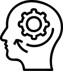 minimalist icon, human head silhouette, gears inside brain, circular arrows, cognitive process visualization, black and white design, concept of thinking and problem-solving, simple line drawing style