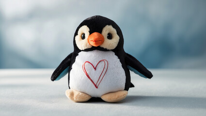 Fototapeta premium Cute stuffed penguin toy with a heart design sitting on a soft surface against a pale blue backdrop