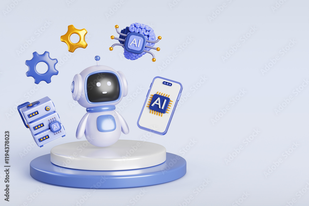 Fototapete AI technology 3d banner. Chatbot robot on platform with mobile phone, data server, brain with chip icon, gears. Artificial intelligence in science and business, smart machine concept. 3D illustration