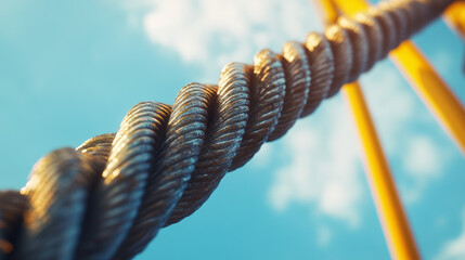 Close up of steel cables under tension against blue sky, showcasing strength and durability. intricate details of twisted strands highlight industrial design