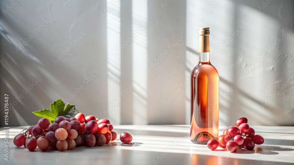 Aufkleber sunlight illuminates a bottle of ros? wine and bunches of red grapes on a table