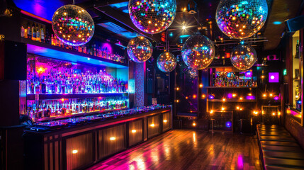 Dance party flyer. Poster of night club event with dj music and discotheque. Vector cartoon illustration of dj console with sound speaker and pink neon light