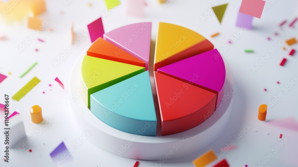 Poster a dynamic d pie chart with segments in various bright colors, each section floating slightly above a
