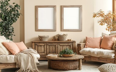 Cozy living room interior design, wooden furniture, plants, autumn decor