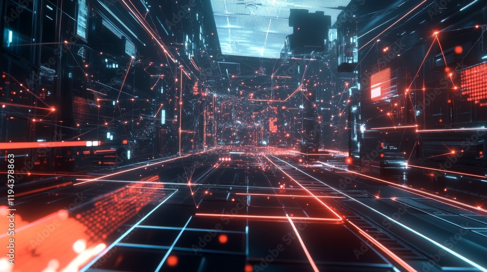Poster A futuristic D graph with interconnected nodes and lines, showcasing a network of data and relationships in a digital, high-tech environment.