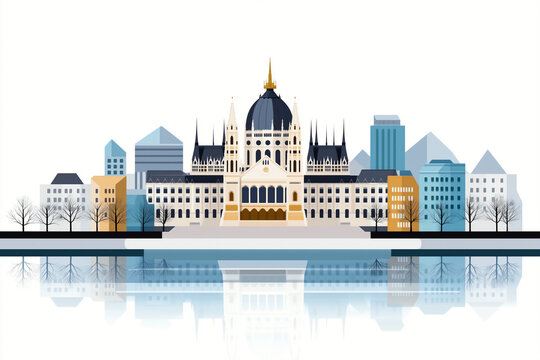 Flat vector-style cityscape of Budapest, Hungary, the iconic Parliament Building at the center draw in simplified with geometric shapes, minimal detailing