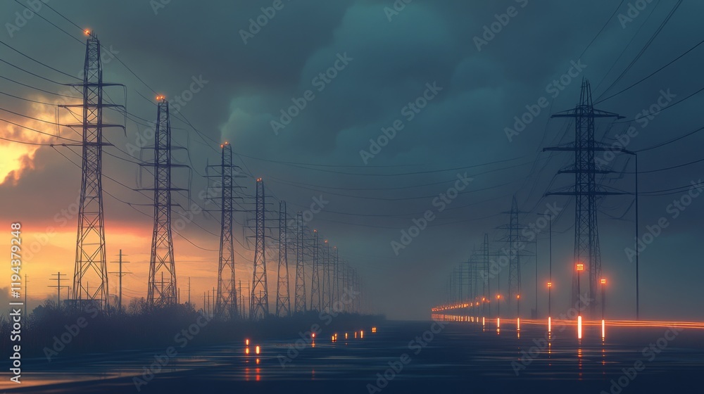 Aufkleber A high-resolution shot of multiple electricity transmission towers lined up in a row, emphasizing their scale and the extensive network of power lines.