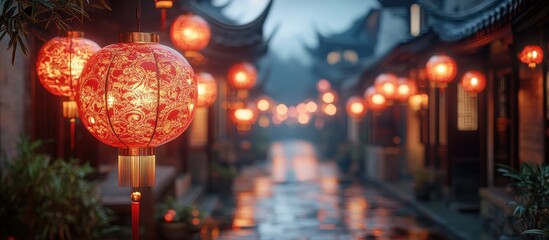 Traditional Chinese Lanterns Illuminating a Historic Street at Dusk with Soft Reflections on Wet Cobblestones