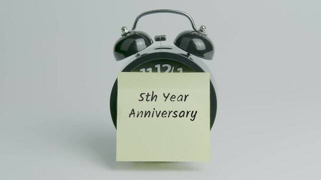 5th year Anniversary Text or Word on Yellow Note Paper Sticking onto Black Alarm Clock on White Background With Sound