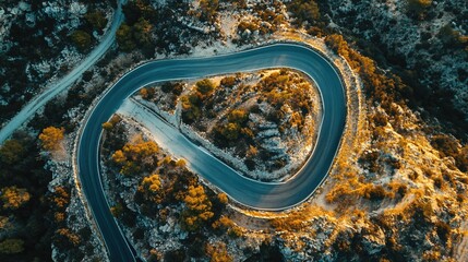 Winding Mountain Road Scenic Aerial View Golden Hour Landscape