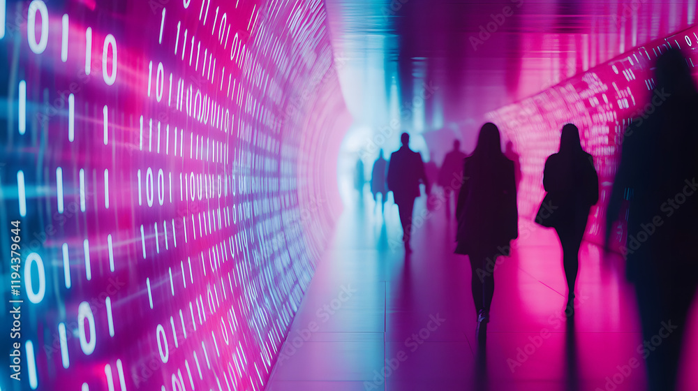 Aufkleber silhouettes of people walking in a digital tunnel with binary code and glowing pink and blue light, 