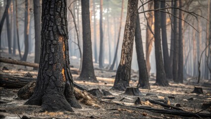 Fototapeta premium A serene forest scene featuring charred trees after a wildfire, with soft light filtering through the smoke, highlighting the resilience of nature.