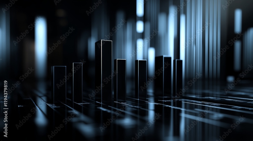 Poster a sleek d bar graph with glossy columns of different heights, set against a dark background, emphasi