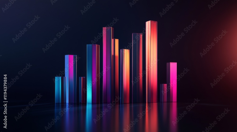 Poster a sleek d bar graph with glossy columns of different heights, set against a dark background, emphasi