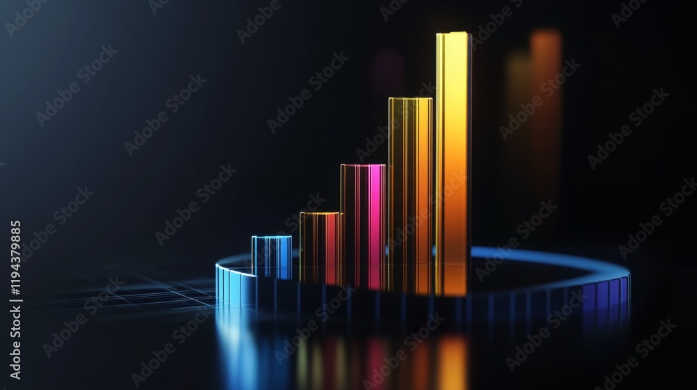 Poster a sleek d bar graph with glossy columns of different heights, set against a dark background, emphasi