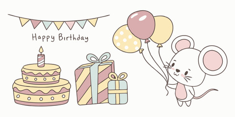 Ai generates happy birthday collection with cute little mouse celebrating in a colorful party environment