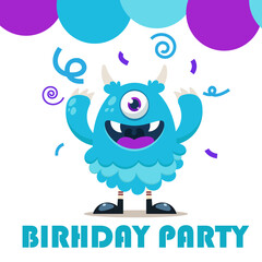 Fun and colorful vector illustration of a cheerful blue one-eyed monster celebrating birrhday with confetti and playful swirls. 