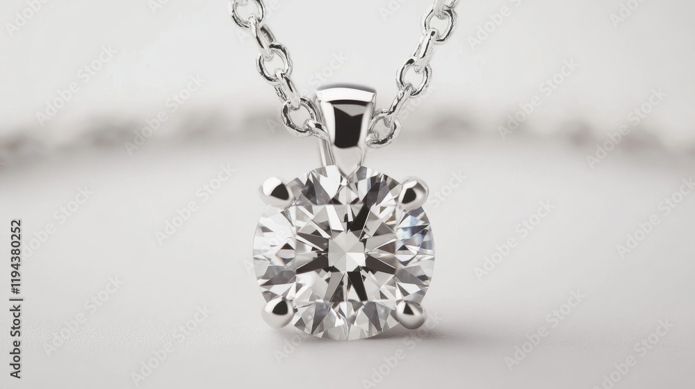 Poster a top-down view of an elegant diamond pendant on a white background, the clear gemstone shimmering a