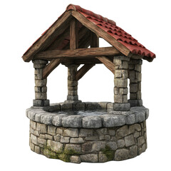 A 3D rendered image of an old stone wishing well with a wooden roof and water inside.