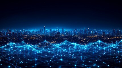 Night city skyline, network connections, data flow, urban technology, future