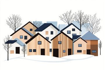 Flat vector-style winter cityscape , with wooden townhouses with simple, rectangular shapes and muted brown and gray tones.