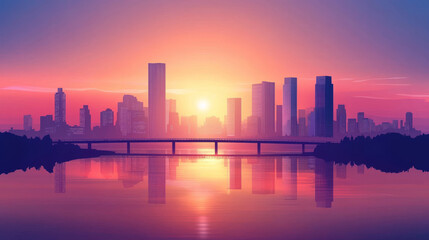 City skyline with buildings and bridge above lake or river at sunset. Vector cartoon landscape of sea, island with town skyscrapers on horizon and overpass highway in morning pink light
