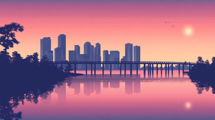 Fototapeta premium City skyline with buildings and bridge above lake or river at sunset. Vector cartoon landscape of sea, island with town skyscrapers on horizon and overpass highway in morning pink light